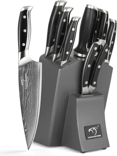 Vista 8 de Juego de cuchillos de acero de Damasco con bloque - Juego de cocina de 3 piezas que incluye cuchillo de chef, Santoku, cuchillo de pelar