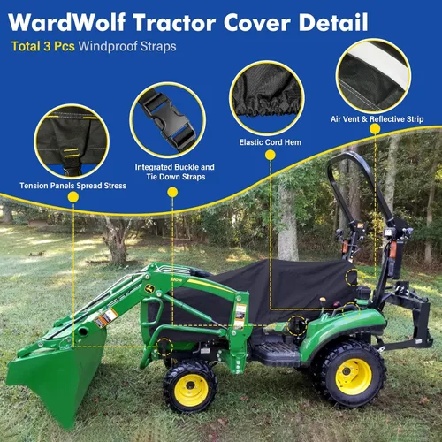 Vista 2 de Cubierta de tractor resistente al agua 900D compacta utilitaria cubierta para tractor compatible con Kubota, John Deere, Mahindra, Bobcat (negro)
