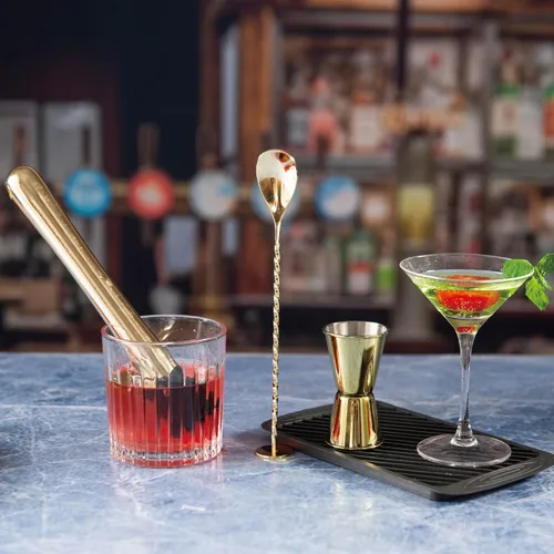 Vista 3 de JNWINOG Juego de 3 herramientas de mezcla y muddler dorado, 10 pulgadas, cuchara de cóctel de 12 pulgadas y doble jigger de 1 onza/2 onzas, juego