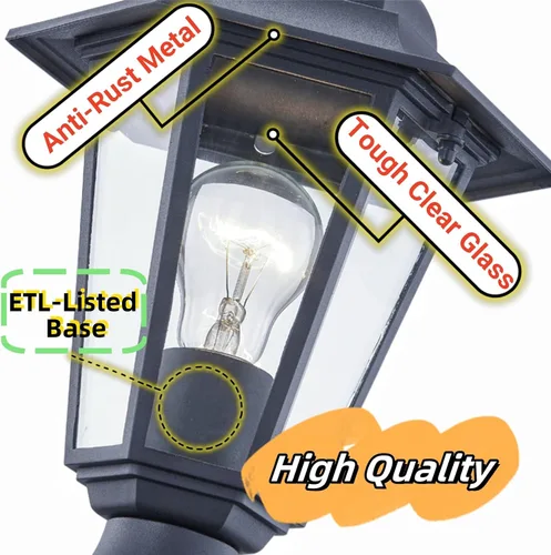 Vista 3 de WISBEAM Luz de poste para exteriores, linterna de poste, base E26 de 60 W máximo, carcasa de aluminio más vidrio, clasificación de ubicación húmeda