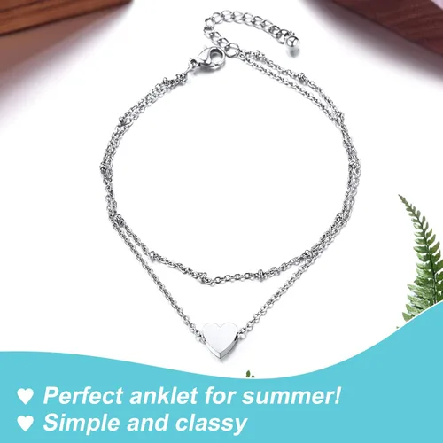 Vista 4 de ChainsPro - Tobillera ajustable de plata de ley S925 para mujer, pulsera de tobillo con corazón, luna, esposas, joyería para verano, acero