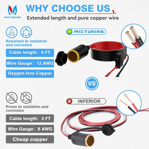 Vista 2 de MICTUNING Cable de extensión para encendedor de cigarrillos hembra de automóvil de 8 pies, 12 AWG, 12 V, 24 V a 0.33 pulgadas, cable de batería