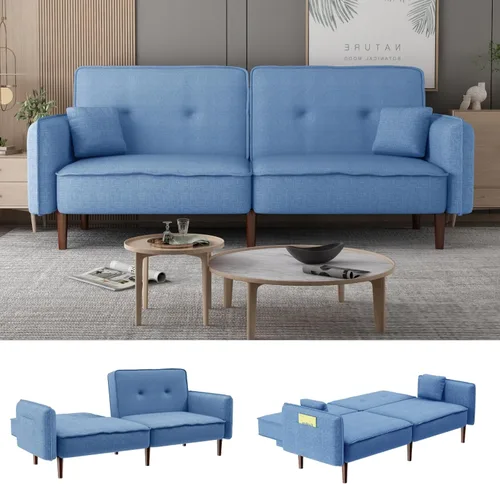 Vista 11 de HMFULE Sofá cama convertible con patas de madera maciza, tela de lino, moderno sofá futón tapizado ajustable para espacio de vida compacto, azul