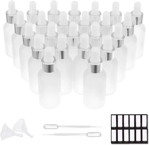 Vista 33 de PrettyCare Botellas de cristal con cuentagotas de 2 onzas líquidas, 12 botellas transparentes vacías gruesas a granel con tapas doradas a prueba