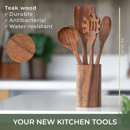 Vista 3 de WALDWERK Cucharas de madera para cocinar, juego de utensilios de cocina de 4 piezas con cucharas de madera de teca, espátula, servidor de pasta