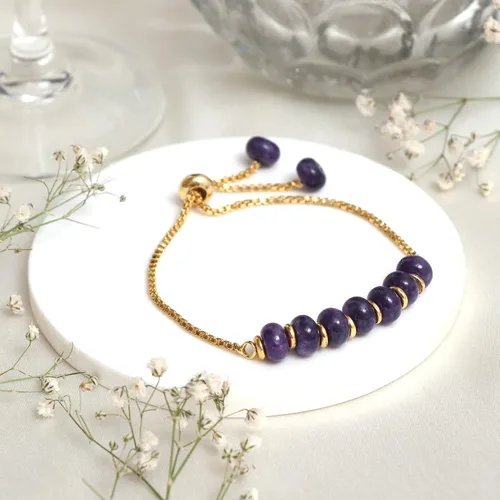 Vista 7 de Gempires - Pulsera de cuentas redondas naturales, chapada en oro amarillo de 14 quilates, joyería hecha a mano, pulseras ajustables para mujer