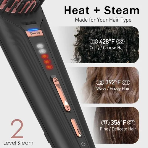 Vista 8 de TOME Cepillo de pelo de vapor, 2 niveles de vapor, 3 calor 360–430°F Negro