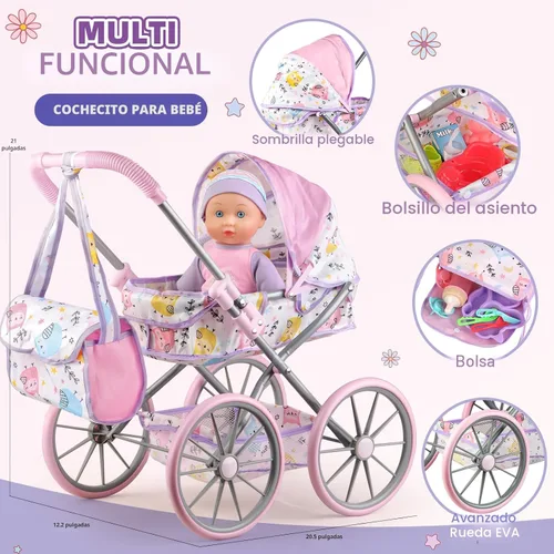 Vista 5 de Juego de Cochecito de Muñeca para Niñas Pequeñas de 3-5, 4-6, 5-7 Años para Jugar a la Casita. Juguete de Cochecito con Muñeca de Bebé de 12.5