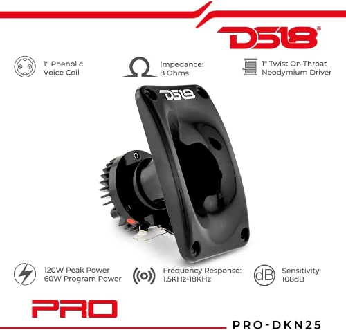 Vista 2 de DS18 PRO-DKN25 - Controlador de neodimio con bocina de aluminio, 1 pulgada, 120 W de potencia máxima, 60 W RMS, 8 ohmios, bobina de voz de 1