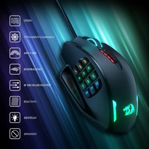 Vista 9 de Redragon M908 Impact RGB LED MMO ratón para juegos con 12 botones laterales, ratón ergonómico con cable óptico con hasta 12,400DPI, alta precisión