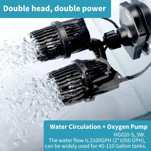 Vista 3 de hygger Máquina de ondas de acuario de doble cabezal de 2100 GPH, bomba de circulación de acuario silenciosa de 5 W, con base de succión magnética
