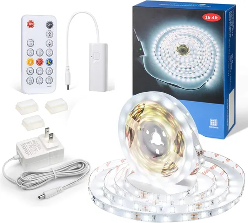 Vista 9 de WOBANE Tira de luces LED, tira de luz con sensor de movimiento con control remoto y adaptador, luz nocturna, función regulable, cinta de iluminación