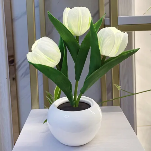 Lámpara de tulipán LED de simulación de tulipán, luz nocturna, ramo de flores falsas, 3 cabezas con jarrón de cerámica, lámpara de noche para el