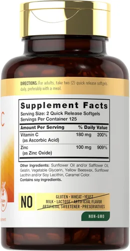 Vista 2 de Carlyle Vitamina C con zinc 250 cápsulas blandas Biodisponible Ácido ascórbico Óxido de zinc Suplemento sin OMG y sin gluten
