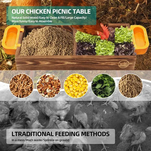 Vista 2 de Mesa de picnic de pollo, comedero de pollo sin desperdicios hecho a mano de madera carbonizada, kit grande de comedero de pollo para bricolaje
