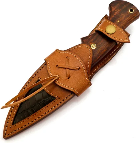 Vista 4 de AR - Cuchillo de caza hecho a mano para supervivencia al aire libre, hecho de mango de madera y acero de damasco, junto con funda de cuero, regalo