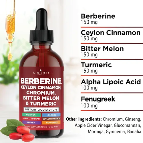 Vista 3 de Berberina con suplemento de canela de Ceilán gotas líquidas + extracto de melón amargo, glucomanano, gimnasia, cromo, cúrcuma, Panax Ginseng