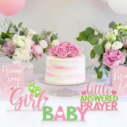 Vista 5 de Centros de mesa de madera rosa para baby shower, 3 piezas, con texto en inglés "It's A Girl", letrero de oración contestada, decoración de madera