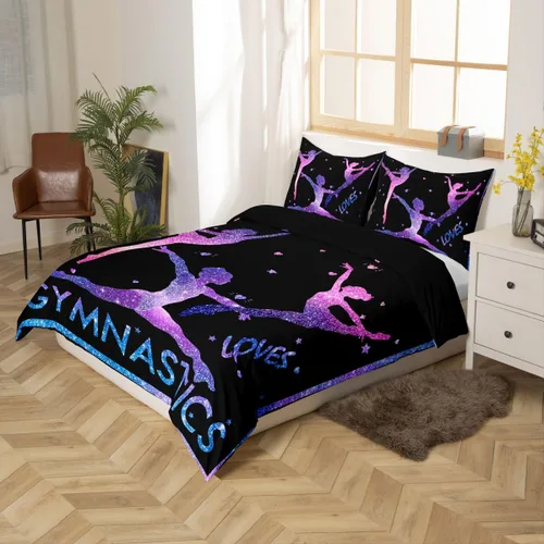 Vista 5 de Juego de ropa de cama de ballet para niñas, funda de edredón de gradiente azul y morado, funda de edredón de bailarina, para niñas, niños, ropa