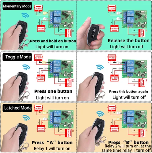 Vista 6 de DieseRC DC 12V 24V 30V Interruptor de control remoto seguro universal inalámbrico 433Mhz RF Placa receptora de relé de 10A con 2 llaveros