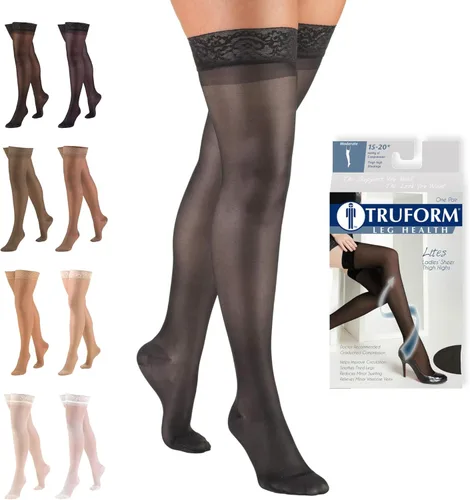 Vista 12 de Truform Medias de compresión transparentes, 15-20 mmHg, longitud alta hasta el muslo para mujer, 20 denier, beige, S