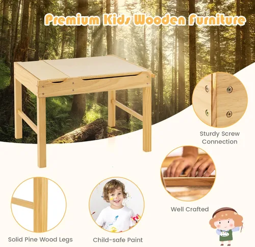 Vista 6 de HONEY JOY Mesa para niños, mesa de actividades de madera 2 en 1 con rollo de papel, mesa de bloques de construcción convertible, 3 compartimentos