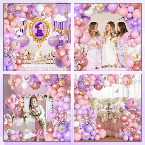Vista 6 de Kit de arco de guirnalda de globos rosa, oro rosa, blanco, rosa y morado, globos de confeti, globos de látex, calcomanías de mariposa, decoraciones