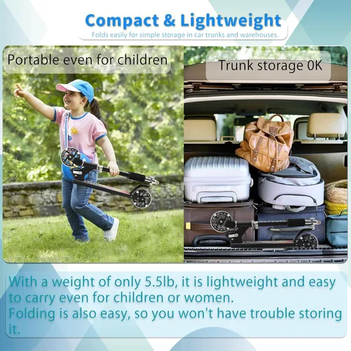 Vista 4 de Scooter for Kids with Light up Wheels, 3 Adjustable Levels, Rear Brake