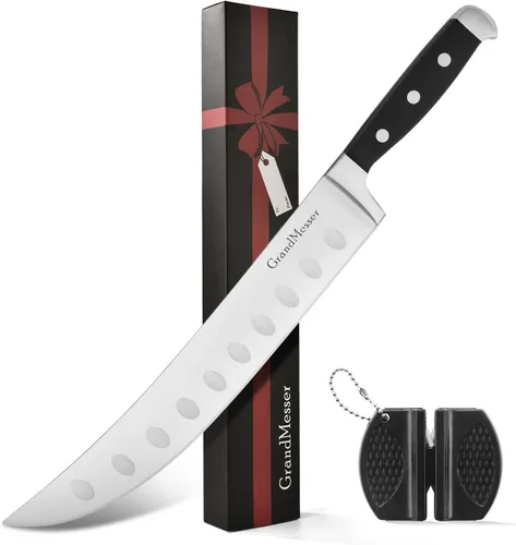 Vista 8 de Cuchillo de carnicero para cortar carne, cuchillo curvo con mango cómodo de 9 pulgadas, hoja de acero inoxidable alemán de alto carbono, cuchillo