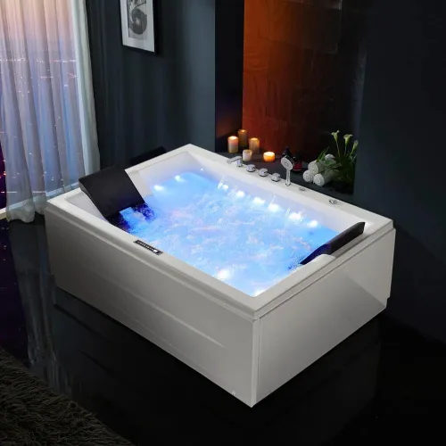 Bañera de hidromasaje de 71 pulgadas, bañera independiente para 2 personas con 38 chorros, bañera de hidromasaje acrílica con iluminación LED croma