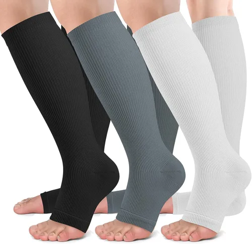 Vista 17 de bropite Calcetines de compresión sin dedos para mujeres y hombres, 2 pares de calcetines de compresión de punta abierta, soporte de 15-20mmHg