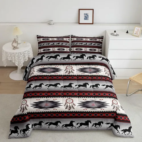 Vista 47 de Juego de ropa de cama con relleno de edredón con diseño de caballo y atrapasueños para niños, adolescentes y hombres, juego de edredón con estampado