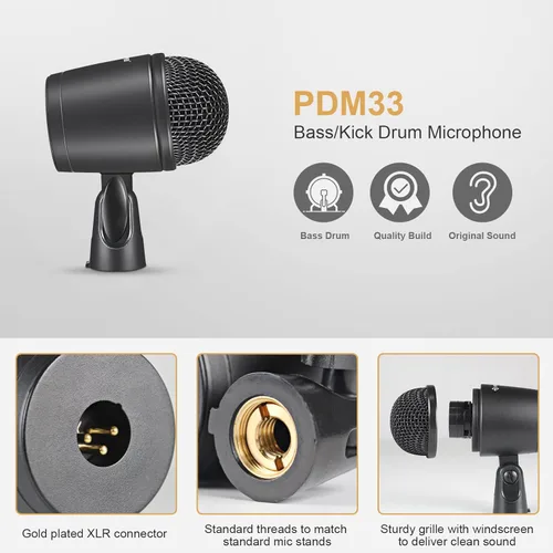 Vista 2 de Phenyx Pro Kit de micrófono de batería, juego de micrófono dinámico con cable de metal completo de 7 piezas para platillos bajos/tom/trampa/Hi-hat
