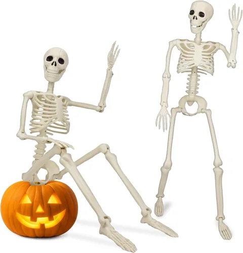 Paquete de 2 esqueletos posables de 36 pulgadas, decoraciones de Halloween: esqueleto de tamaño real de 3 pies con articulaciones móviles de cuerpo