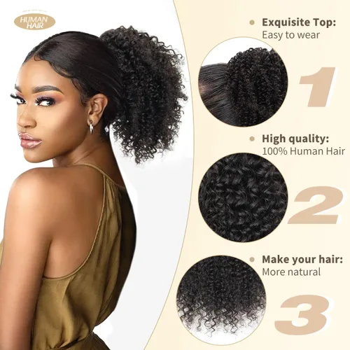 Vista 4 de isheeny Cola de caballo de cabello humano con cordón para mujeres negras, extensión de cabello humano rizado 4C, 8 pulgadas, aspecto natural, añade
