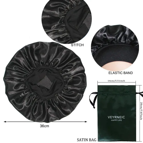 Vista 2 de VEYRNEIC Gorro de satén para el cabello para dormir, gorras de seda para quimioterapia con banda elástica ancha, gorro de dormir para mujeres