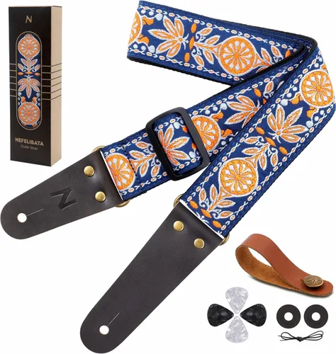 Vista 10 de Nefelibata Correa de guitarra, correas de guitarra de algodón bordadas con extremos de cuero de vaca para bajo, guitarras eléctricas y acústicas