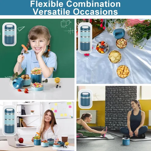 Vista 6 de Lille Home Lonchera de Acero Inoxidable de 3 Capas 1.43L - A Prueba de Fugas, Libre de BPA, Caja Bento Aislada para Preparación de Comidas Sobre