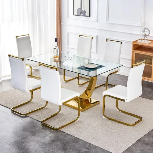 Vista 31 de Juego de mesa de comedor de 63 pulgadas para 4, juego de mesa de comedor dorado moderno para 4, juego de mesa de cocina de mármol sintético