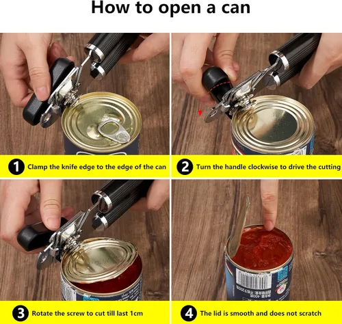 Vista 6 de Can Opener Manual, Stainless Steel Can Opener Smooth Edge, Food-Safe Manual Can Opener, Multifunction Bottle Openers with Non-Slip Handle & Large