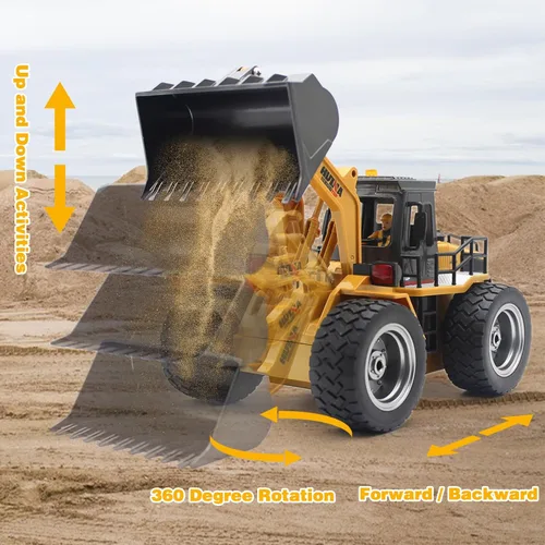 Vista 3 de Fistone Cargador frontal RC de 9 canales, tractor de pala de aleación 4WD, niveladora RC de 2.4 GHz, vehículo de construcción, control de radio