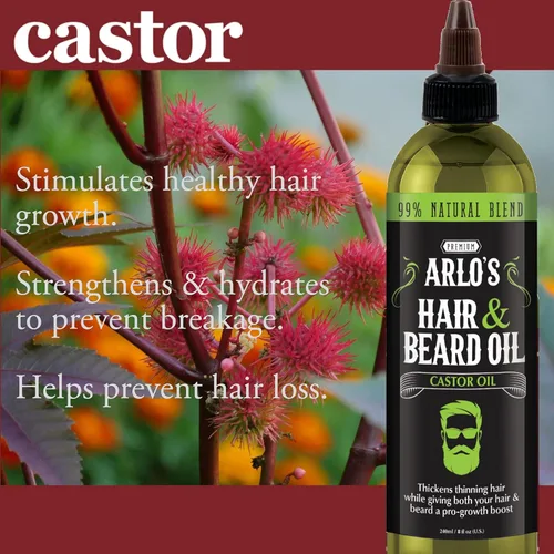 Vista 2 de Arlo's Aceite para cabello y barba con aceite de ricino 8 oz. - Aceite para el cabello, aceite de bigote y crecimiento de aceite para barba