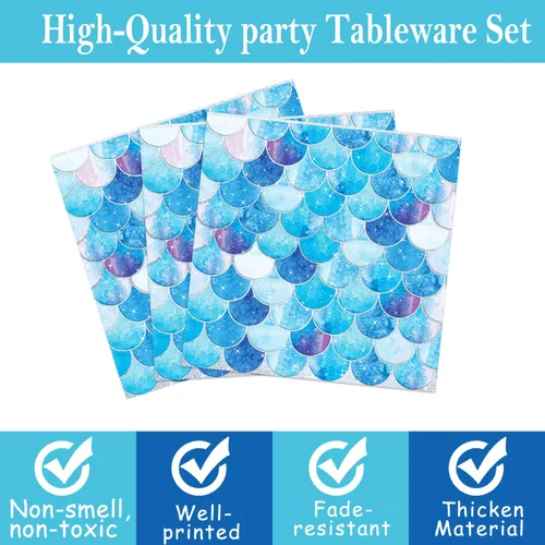 Vista 4 de Juego de vajilla de 96 piezas para fiesta de sirena, decoración de fiesta de cumpleaños de sirena, temática del océano, juego de vajilla desechable