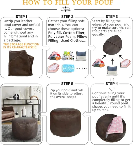 Vista 4 de Thgonwid Unstuffed Faux Leather Pouf Cover, Handmade Footstool Ottoman Storage Solution, Floor Footrest Cushion - 16.5”Dx12”H, Matte Coffee