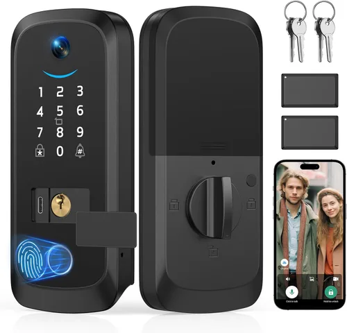 Cerradura Inteligente de Video con Cámara, Cerradura de Puerta sin Llave con Batería de Litio Recargable Incorporada, Control por Aplicación, ID de