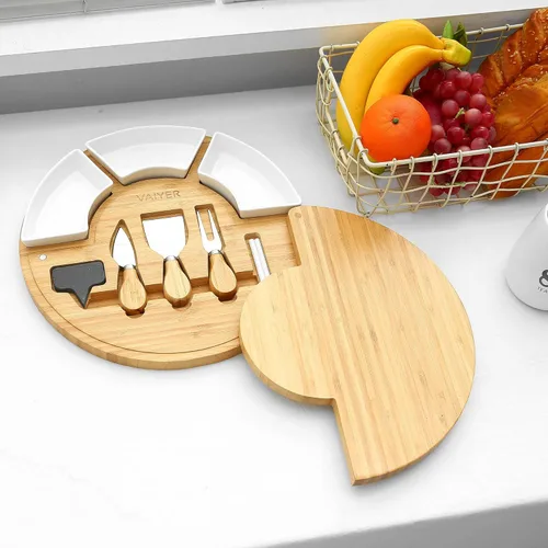 Vista 6 de Vaiyer Juego de tablas de cortar de queso charcutería con tabla de queso redonda de 13 pulgadas con 3 cuchillos, 3 cuencos de cerámica con 2