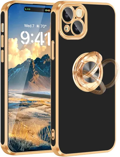 Vista 9 de Fingic Funda para iPhone 13 con soporte de anillo, soporte de anillo giratorio de 360°, soporte magnético, borde dorado brillante, funda protectora
