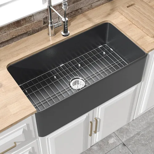 Vista 18 de Fregadero pequeño de granja de 24 x 18 pulgadas, fregadero de granja con delantal Firecaly, cuenco individual resistente, con accesorios 2 tipos