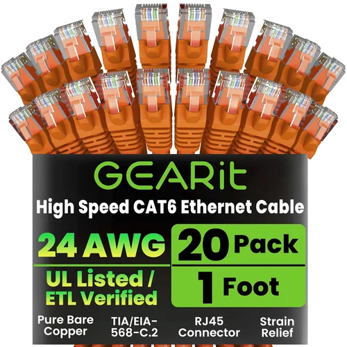 Vista 13 de GEARit Paquete de Cables Ethernet Cat 6 - Paquete de 20 Cables de Conexión Ethernet Cat6 de 1 pie Cable de Conexión de Red RJ45, Conectores