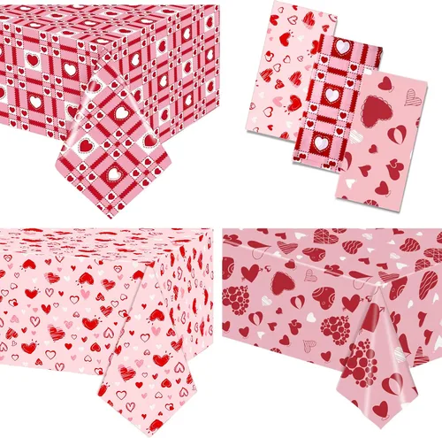 Paquete de 3 manteles para el día de San Valentín, manteles desechables de plástico con corazón de amor rosa y rojo, 54 x 108 pulgadas, manteles